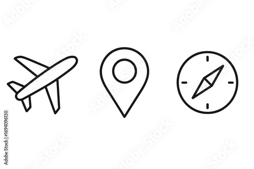 Travel, navigation, and location icon set. Includes airplane, map pin, and compass. Outline vector symbols for tourism, web and graphic design, apps, and direction.