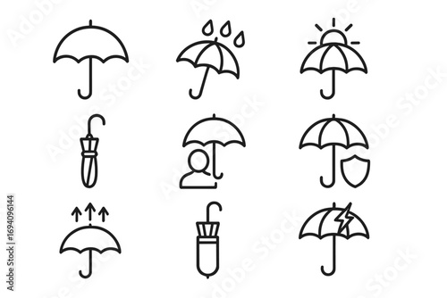 Umbrella outline icon set vector. Rain umbrella, sun protection, insurance, safety, weather shield, security, person protection, shield, folded closed umbrella. Editable stroke, minimal style.