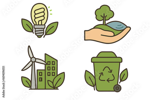Visual representation of sustainability and eco-friendly practices, green technology, renewable energy, nature conservation, recycling, environmental protection, cartoon vector illustration