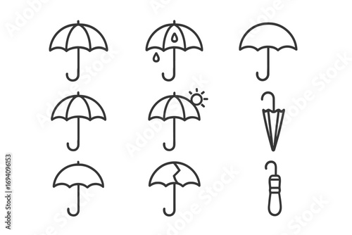 Umbrella simple isolated line icons collection, rainy weather protection, editable stroke, vector cartoon illustration, broken, folded, sunny, open and closed umbrella, graphic design resources