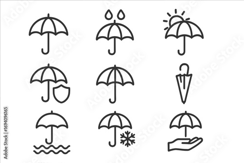 Umbrella line icons set vector illustration. Weather protection, waterproof, rain, snow, sunshade, insurance, safety, closed umbrella, shield, hand, editable stroke. Minimal outline style.