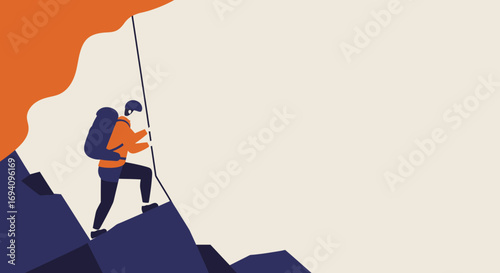 Determined hiker with a backpack ascends a steep mountain, symbolizing challenge, adventure, and personal achievement. Ideal for business, travel, or lifestyle concepts.