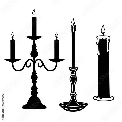 Black candle silhouettes with flames candlestick candelabra