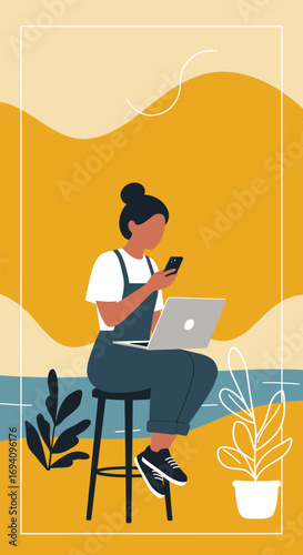 Woman multitasking with laptop and smartphone, working remotely in a relaxed, modern setting. Ideal for digital nomad, freelancing, or online business concepts.