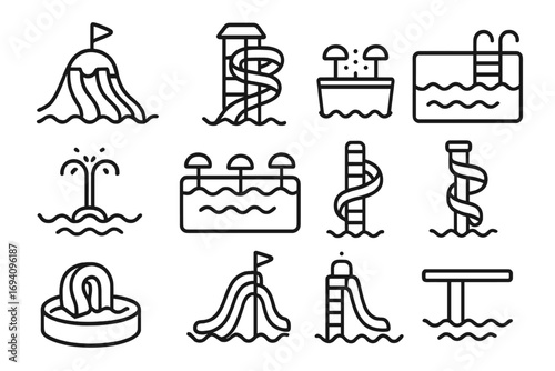 Water park aquapark swimming pool icon set. Outline vector signs water slides spirals fountains ladders diving boards splash elements. Cartoon illustration for web apps adverts cards graphic design.