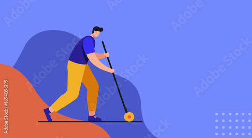 Dynamic vector illustration of a man pushing a manual cleaning device. Represents effort, maintenance, and active work, suitable for service, business, or lifestyle concepts.