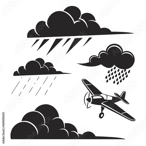 Black cloud shapes and airplane silhouette storm rain