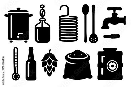 Homebrewing equipment icon set for beer making. Vector silhouettes of brew kettle, fermenter, hops, and malt. Craft beer brewing tools for brewery and homebrew enthusiasts.