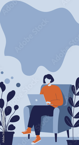 Woman working remotely on a laptop in a comfortable armchair at home. Represents online education, freelancing, or casual browsing. Ideal for lifestyle and business concepts.