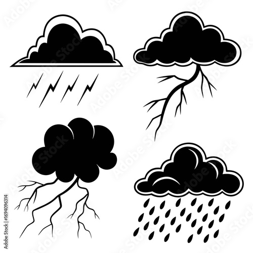 Black cloud weather icons lightning rain storm silhouette