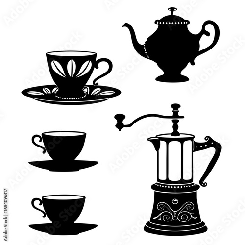 Black coffee and tea set silhouettes saucer