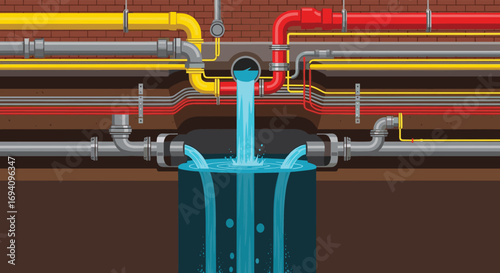 Complex plumbing system network illustration with flowing water throughout the underground structure