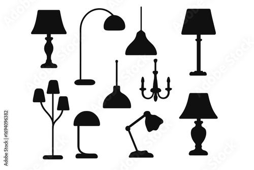 Lamp silhouette collection. Vector icon set of modern and classic lighting fixtures for home interior design. Includes table, floor, desk lamps, pendant lights, and chandelier.