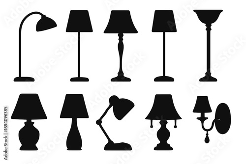Silhouette collection of modern and classic lamp designs for home interiors. Vector icon set. Floor lamp, table lamp, desk lamp, wall sconce. Lighting equipment for decoration.
