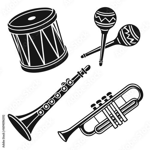 Black drum maracas clarinet trumpet musical instruments
