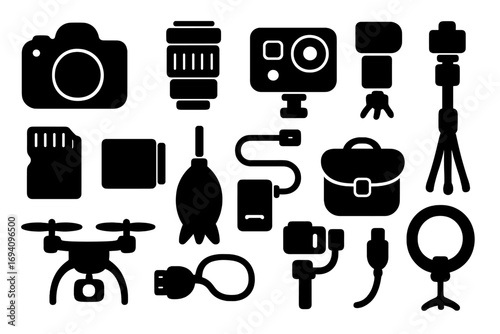 Photography & videography gear icon set. Vector silhouette illustration of modern camera equipment & accessories. Gadgets for photographer, vlogger, filmmaker work.