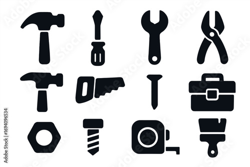 Big set of black tool icons. Silhouette vector collection for construction, repair, and DIY projects. Hammer, wrench, screwdriver, saw, pliers, toolbox, hardware elements.