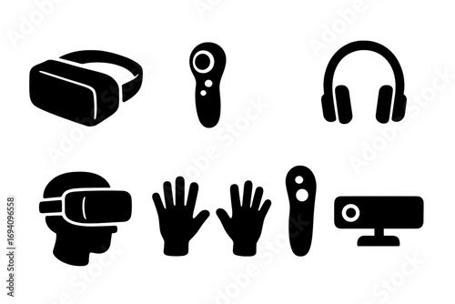 Virtual reality icon set. VR glyph symbols collection. Black silhouette of headset, controller, gloves, headphones for gaming, metaverse, augmented reality. Vector tech gadgets.
