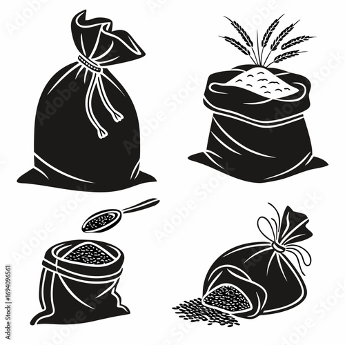 Black grain sacks and scoop rice bags