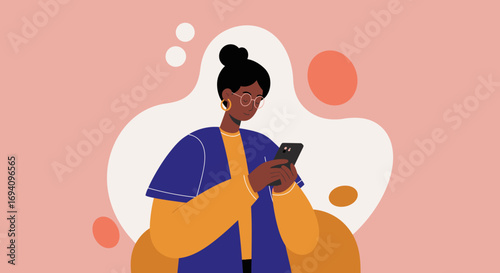 Engaged woman with glasses uses a smartphone for digital communication. A modern illustration depicting connection, technology, and contemporary lifestyle.