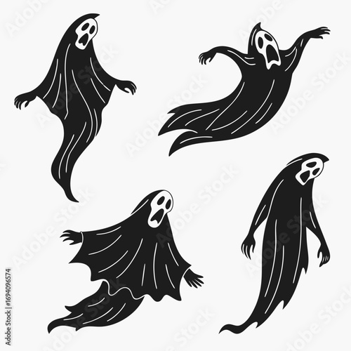 Black ghost silhouettes floating white