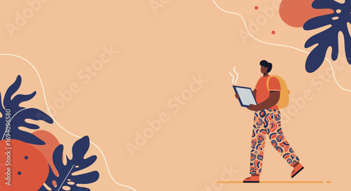 Man with backpack walks, focused on his steaming digital tablet, set against a vibrant, abstract natural background. Perfect for travel, technology, or modern lifestyle concepts.