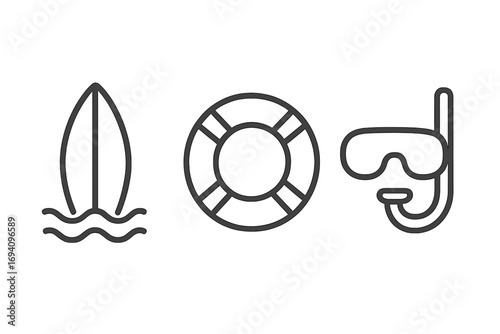 Summer vacation icon set with surfboard, lifebuoy, and diving mask. Linear icons for water sports, beach activities, and sea travel. Vector pictograms for web and apps.