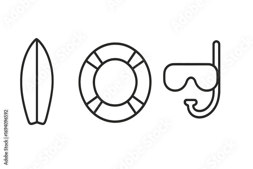 Water sports and beach safety icon set. Surfboard, lifebuoy, and diving mask linear icons. Summer vacation and travel concept. Minimalistic outline symbols for web design.