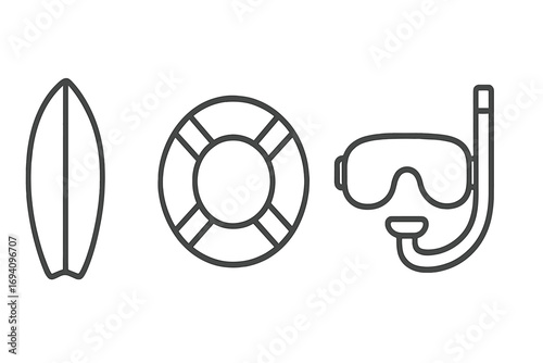 Water sports line icon set. Surfboard, life preserver, diving mask and snorkel symbols. Summer vacation, beach safety, and ocean activity minimal vector pictogram collection.