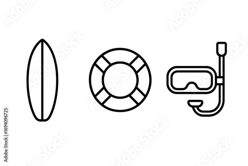 Water sports and beach safety line icon set. Surfboard, lifebuoy, diving mask with snorkel. Minimalistic linear pictogram for summer vacation, travel, web, and apps.
