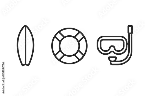 Summer beach vacation and water sports line icon set. Surfboard, lifebuoy, and diving mask symbols. Minimal vector pictogram for web, app, and print design concepts.