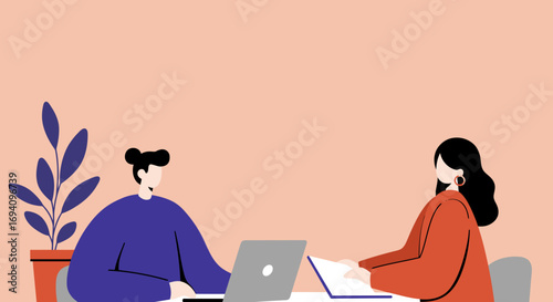 Two professionals collaborating in an office setting. Ideal for business meetings, discussions, interviews, and corporate communication concepts.