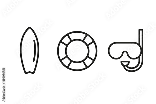 Surfboard, lifebuoy, diving mask outline icon set. Summer vacation, beach safety and water sport symbols. Minimal linear pictogram collection for web, app, travel design.