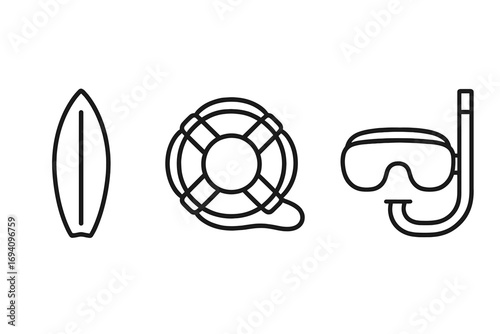Summer vacation and water sports icon set. Surfboard, lifebuoy, and diving mask line art symbols. Outline pictogram collection for beach travel, web, and graphic design.