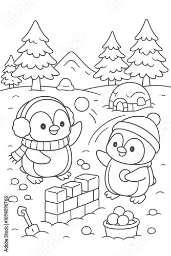 Playful penguins enjoy a winter day building a snow fort and throwing snowballs