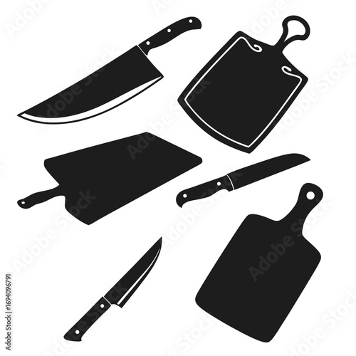 Black kitchen knives and cutting boards silhouettes