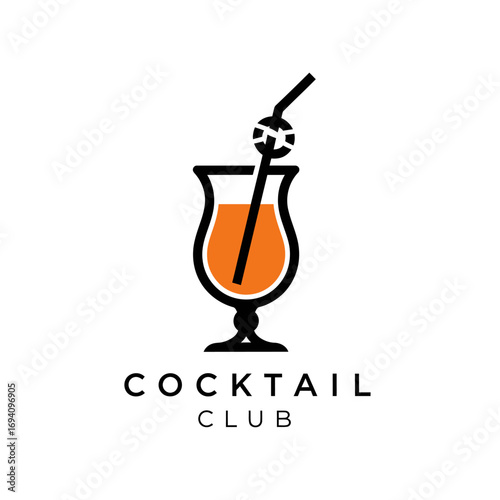 Stylish cocktail club logo featuring an orange cocktail in a hurricane glass with a straw and garnish.
