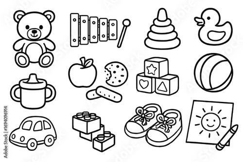 Toddler essentials outline icon set. Baby care, playtime toys, food and clothes collection. Simple black and white cartoon vector illustration for coloring book, preschool, nursery.