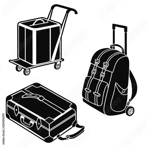 Black luggage silhouettes on white suitcase backpack