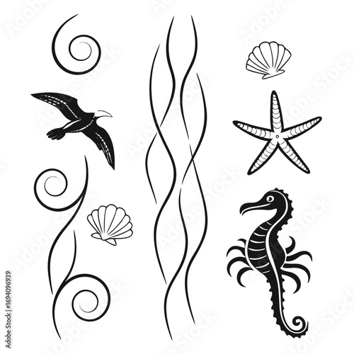 Black marine life and abstract swirls seahorse starfish