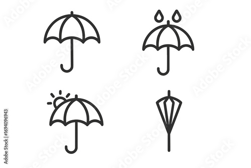 Umbrella icon set, modern outline style. Weather pictograms: open, closed, rain, sun protection. Simple parasol vector symbols for UI, UX, web design, apps, and infographics.