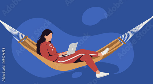 Woman in a red tracksuit working remotely on a laptop while relaxing in a hammock. Illustrates flexible work-life balance, freelance lifestyle, or digital nomad concept.