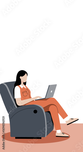 Woman comfortably working or studying on a laptop from a recliner chair at home, representing remote work and modern lifestyle.