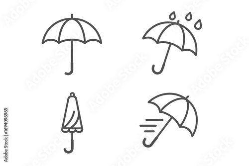 Umbrella icon set in a modern outline style. Vector symbols for weather, rain, wind, and storm. Open, closed, and windy day concepts. Perfect for apps, web design, and cards.