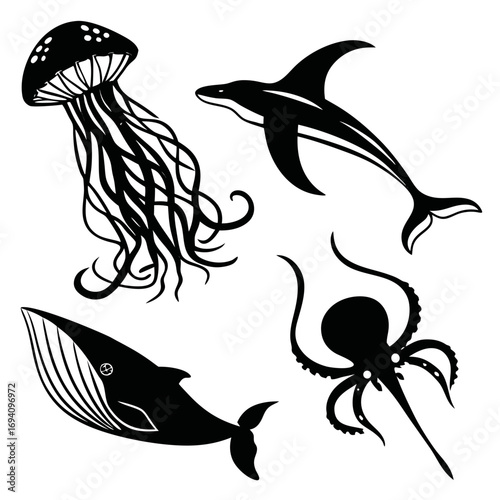 Black marine life silhouettes jellyfish whale