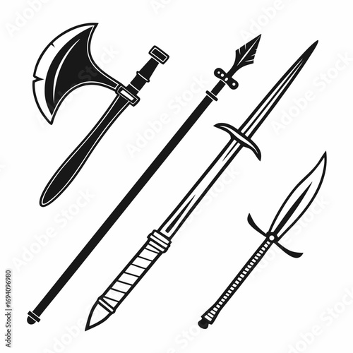 Black medieval weapons collection halberd spear