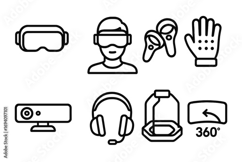 Virtual reality line icon set. VR gadgets and gaming accessories for the metaverse. Includes headset, controllers, sensor, haptic glove. Immersive technology and simulation vector.