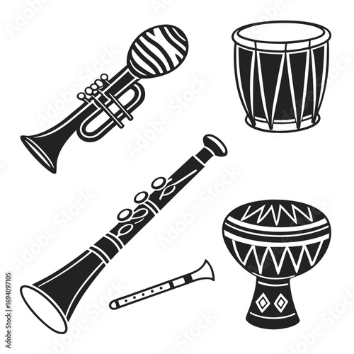 Black musical instruments on white background trumpet
