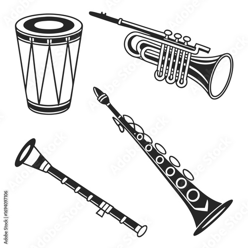 Black musical instruments drum trumpet
