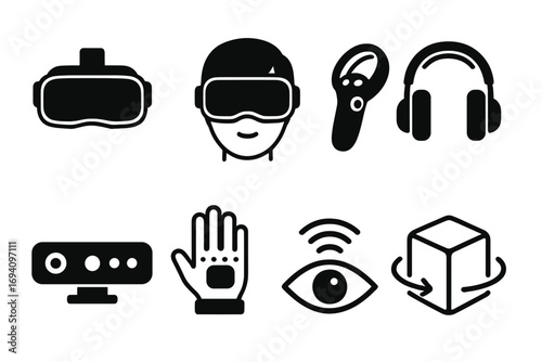Virtual reality icon set. VR, AR, metaverse technology glyphs. Headset, controller, haptic glove, sensor. Minimalist vector illustration for gaming and simulation.